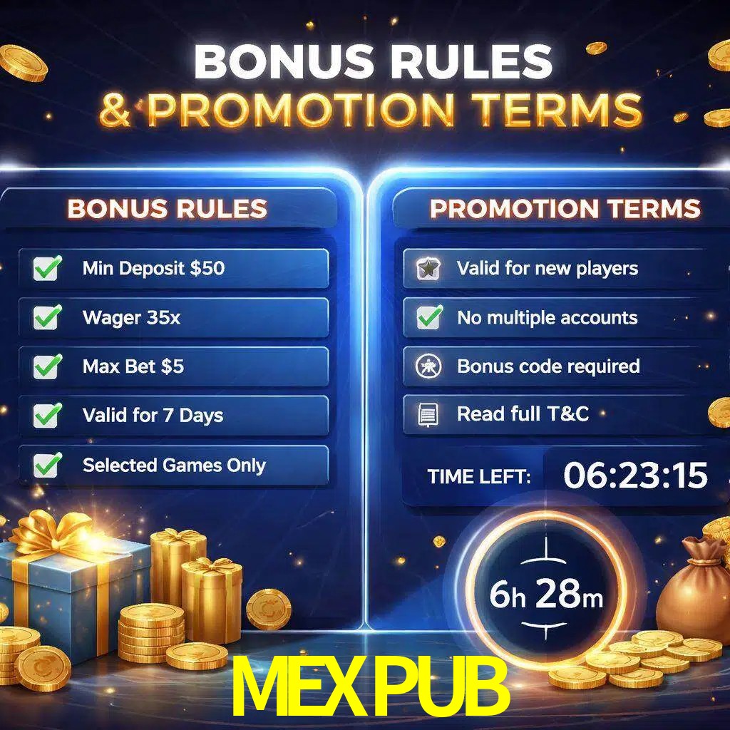 Reglas de promoción MEXPUB y condiciones de bonos explicadas visualmente