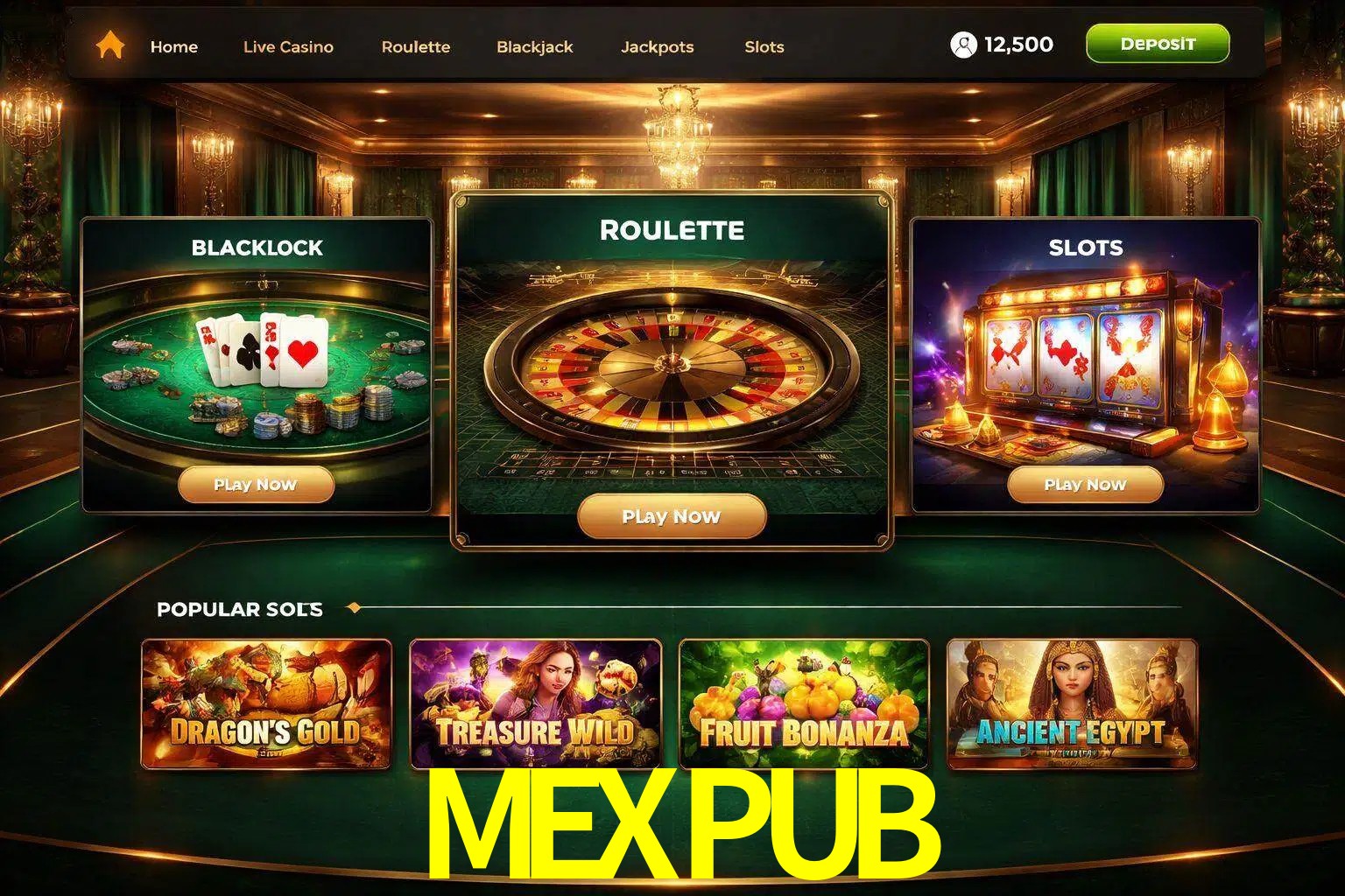Vista de la plataforma MEXPUB Casino mostrando categorías organizadas de juegos en línea
