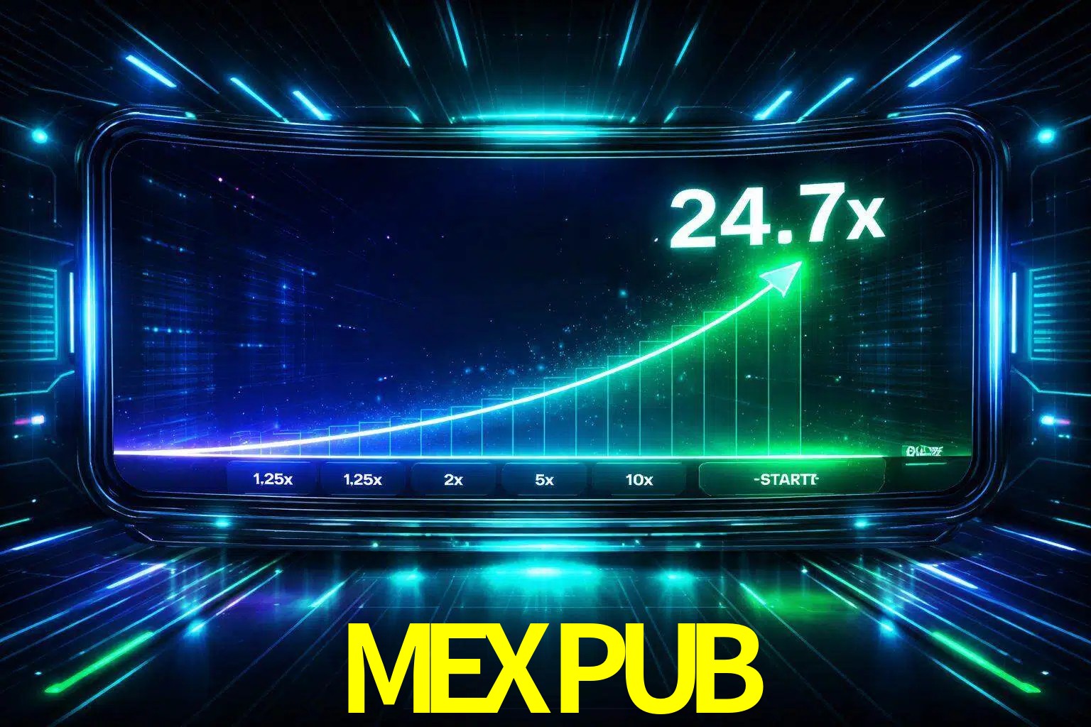 Una pantalla moderna de juego estilo crash con multiplicadores ascendentes, visuales de neón y una interfaz intensa enfocada en la acción.