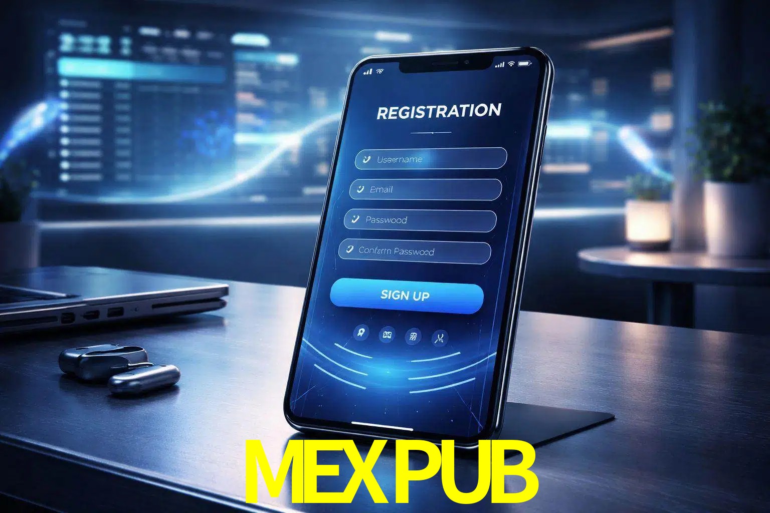 Una interfaz moderna de registro móvil para MEXPUB mostrada en un smartphone con un panel de apuestas elegante.